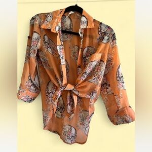 Orange Skull Print Tie-Front Blouse